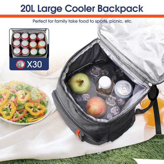 30 Can Cooler Backpack, Soft Sided Cooler Bag, Insulated Leak Proof Waterproof Cooler Bag, Portable Lightweight Lunch Bag for Travel Beach Camping Office, Gray